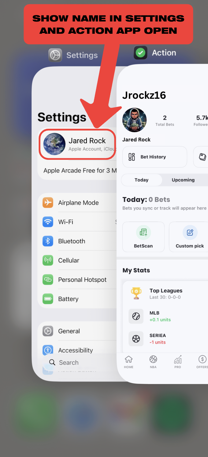 Example screenshot showing Settings and Action Network app open side by side