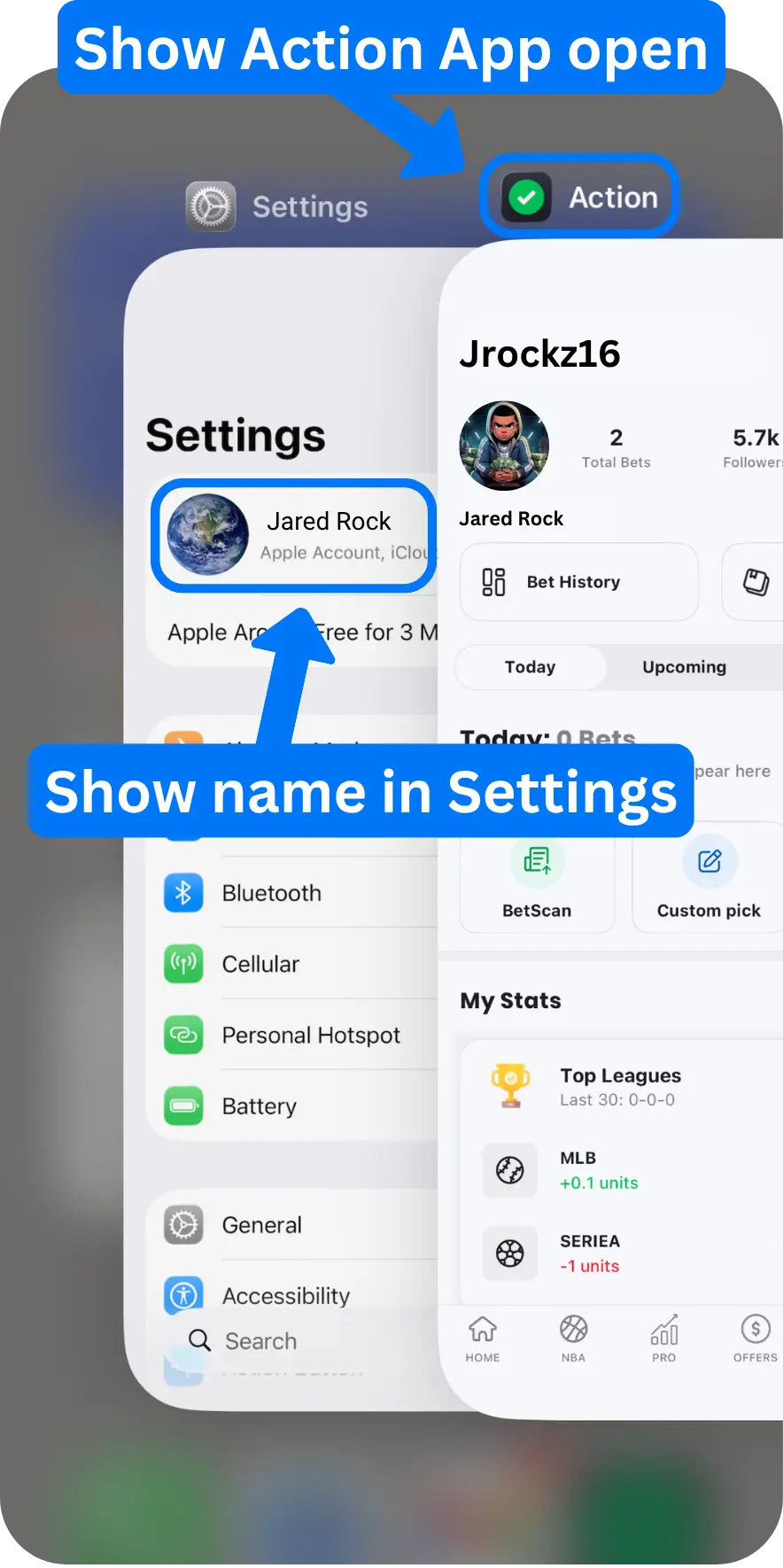 Example screenshot showing Settings and Action Network app open side by side